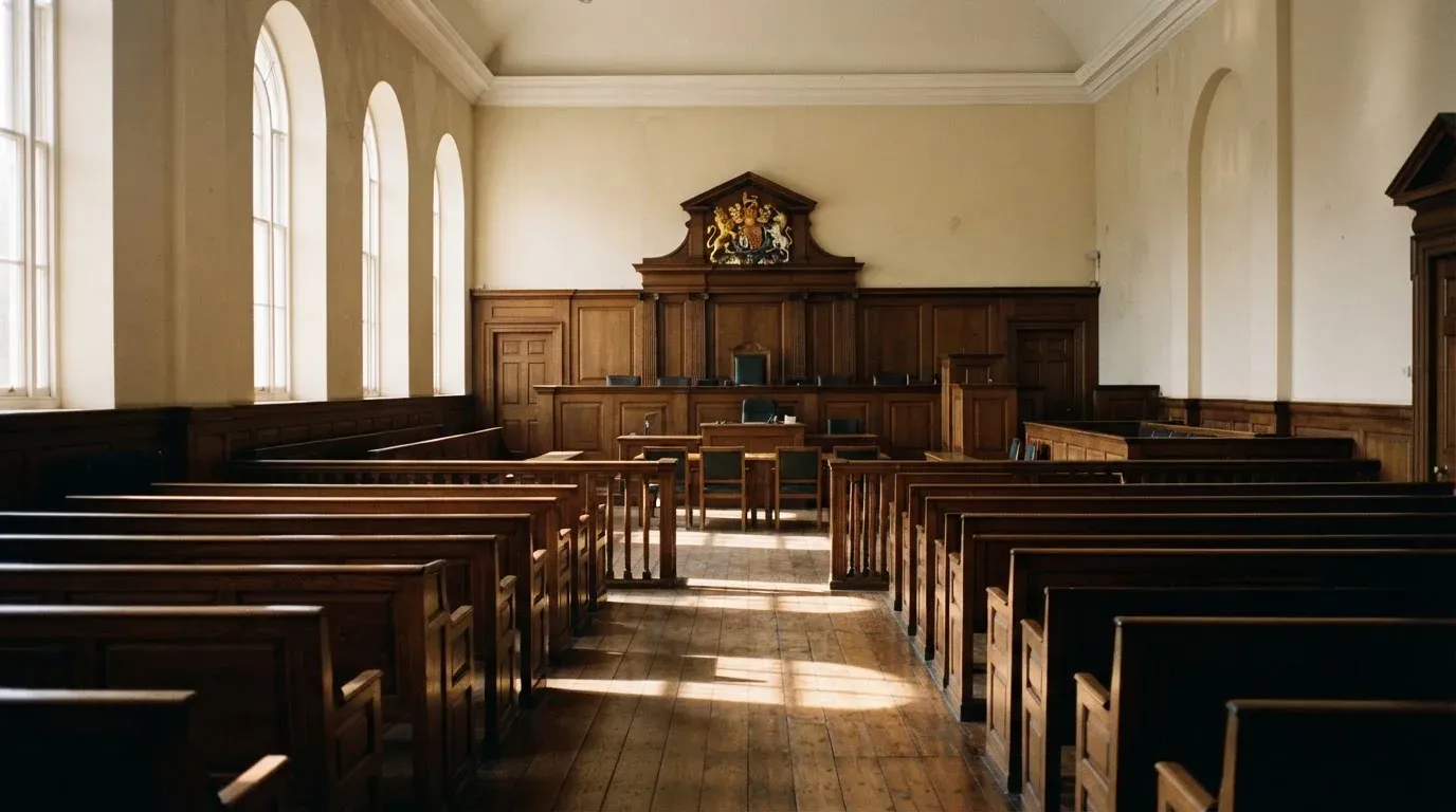 An empty courtroom with wooden benches in morning light