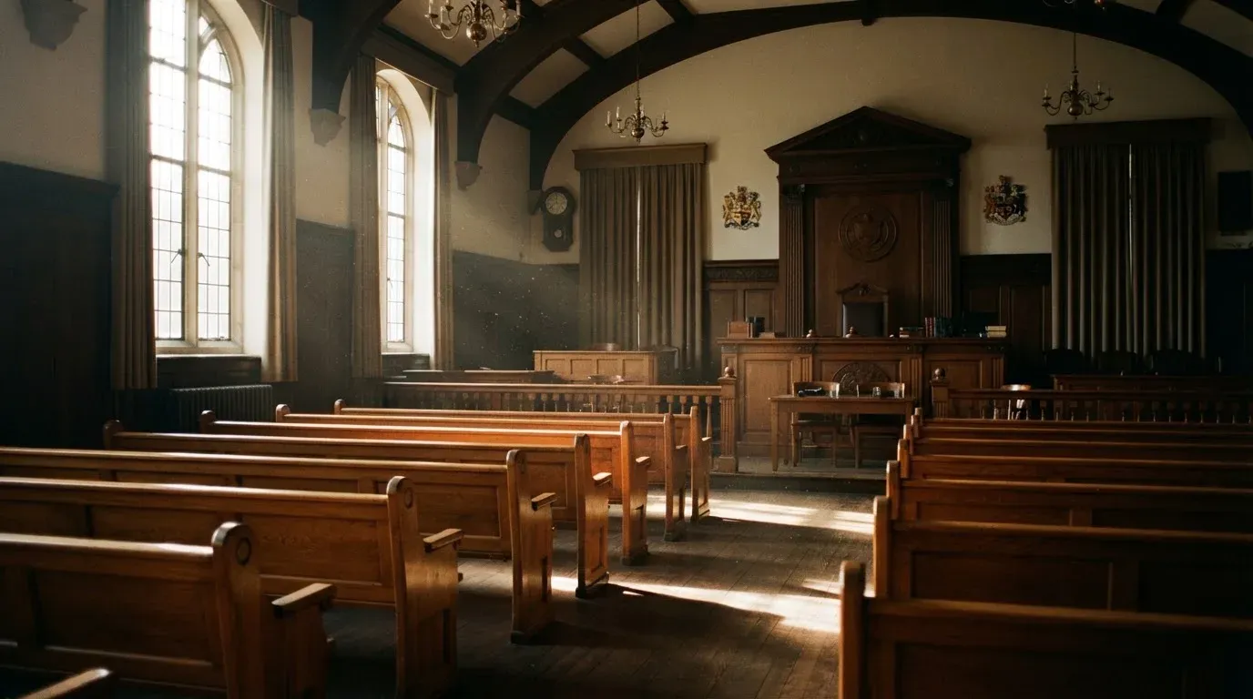 An empty courtroom with wooden benches in morning light