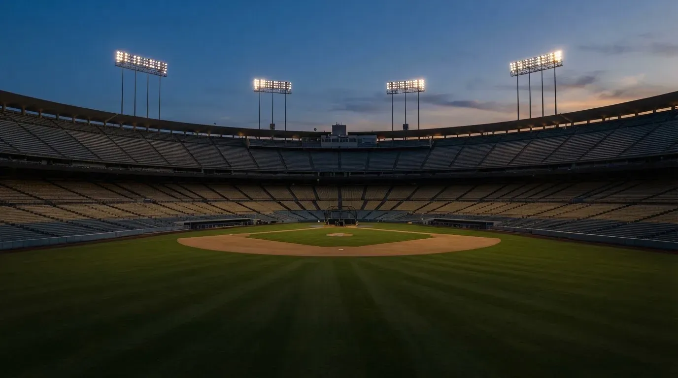 An empty football stadium with floodlight masts at dusk
