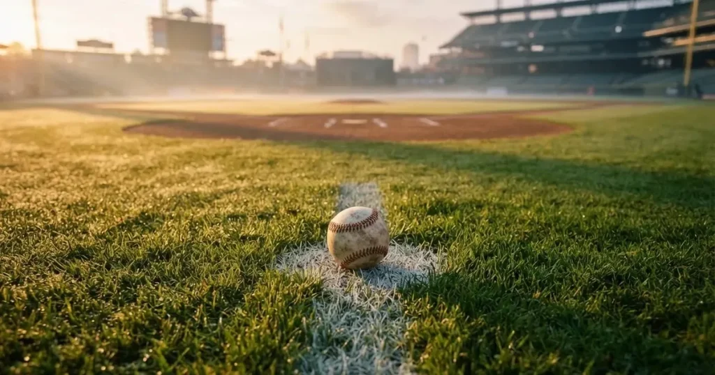 A ball on the centre spot of a grass pitch in morning light