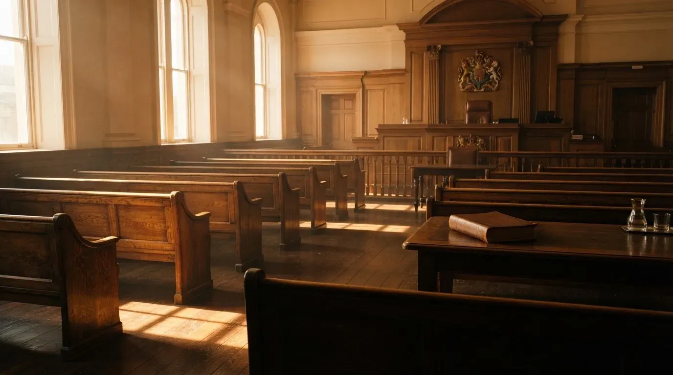 An empty courtroom with wooden benches in morning light