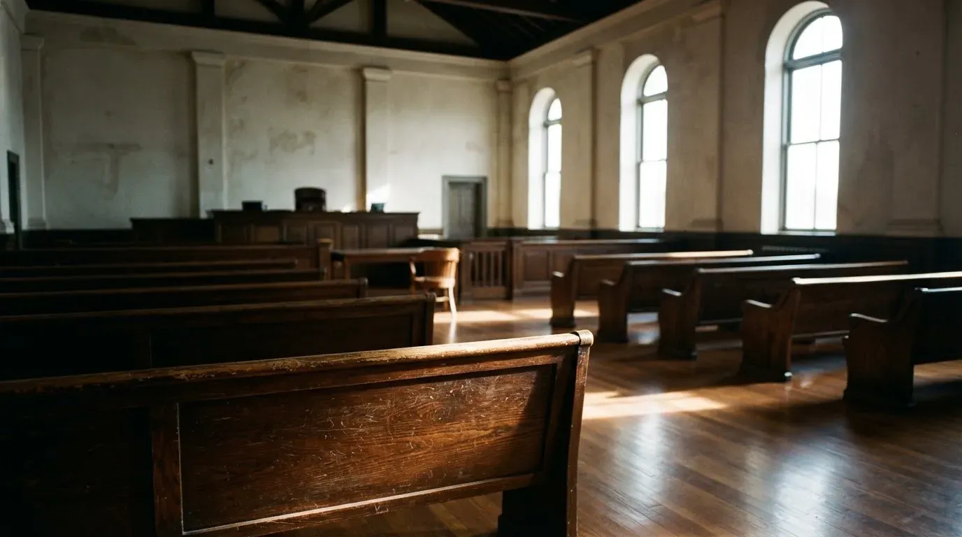 An empty courtroom with wooden benches in morning light