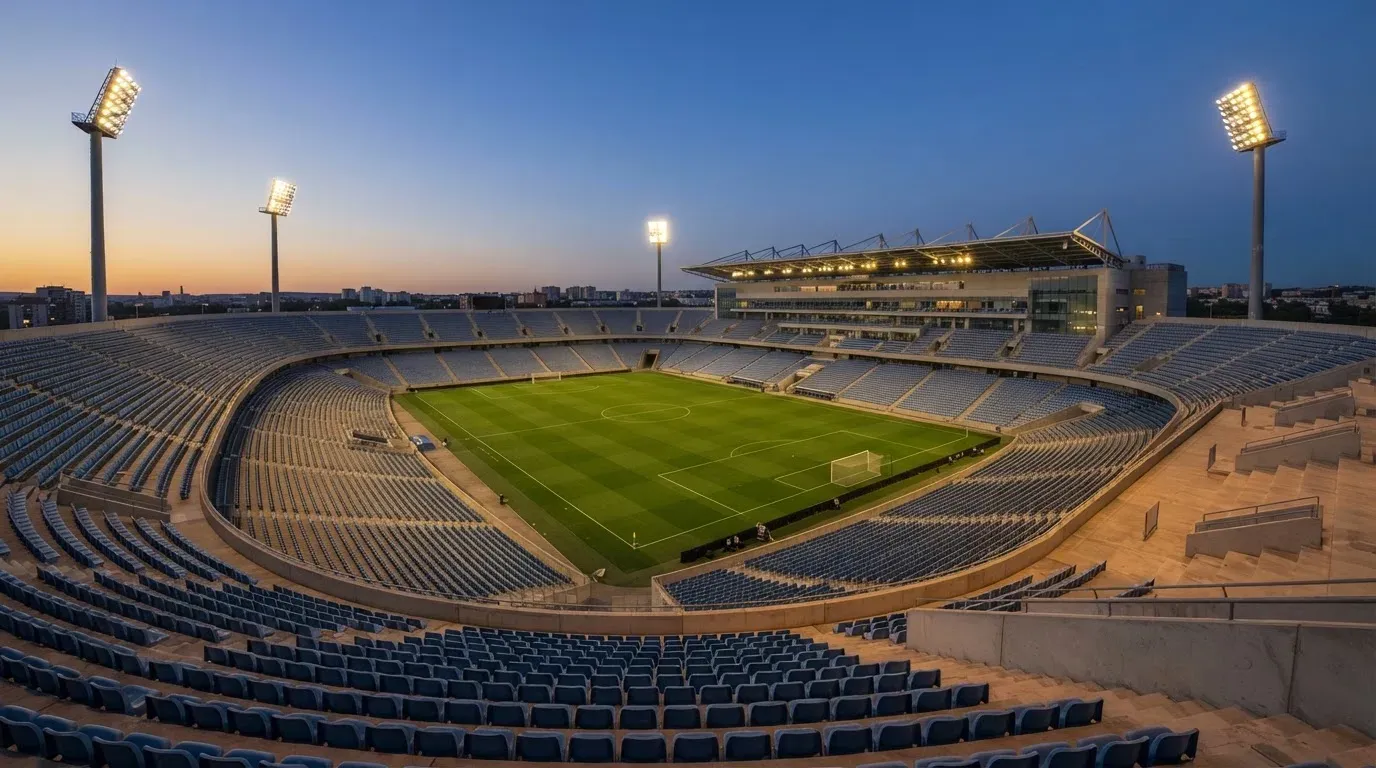 An empty football stadium with floodlight masts at dusk
