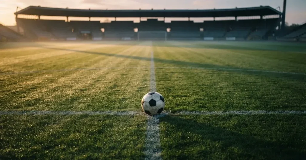 A ball on the centre spot of a grass pitch in morning light
