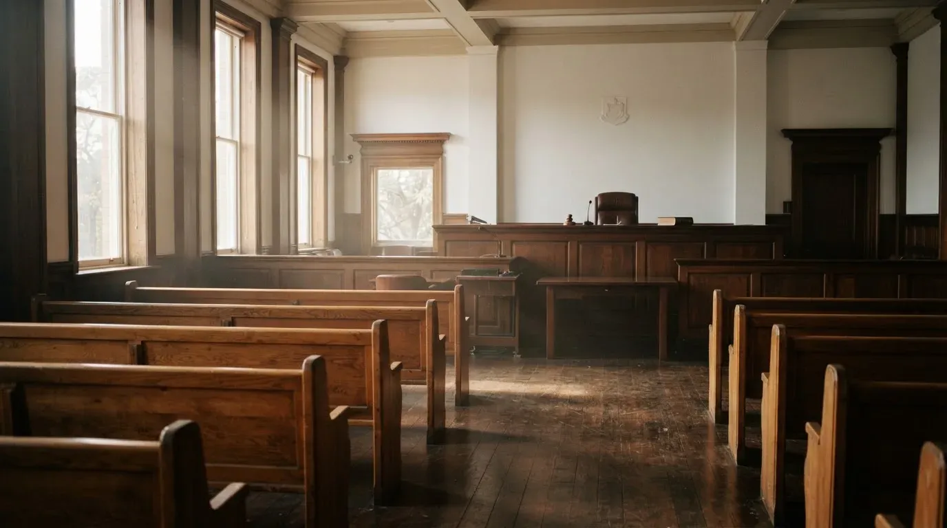 An empty courtroom with wooden benches in morning light