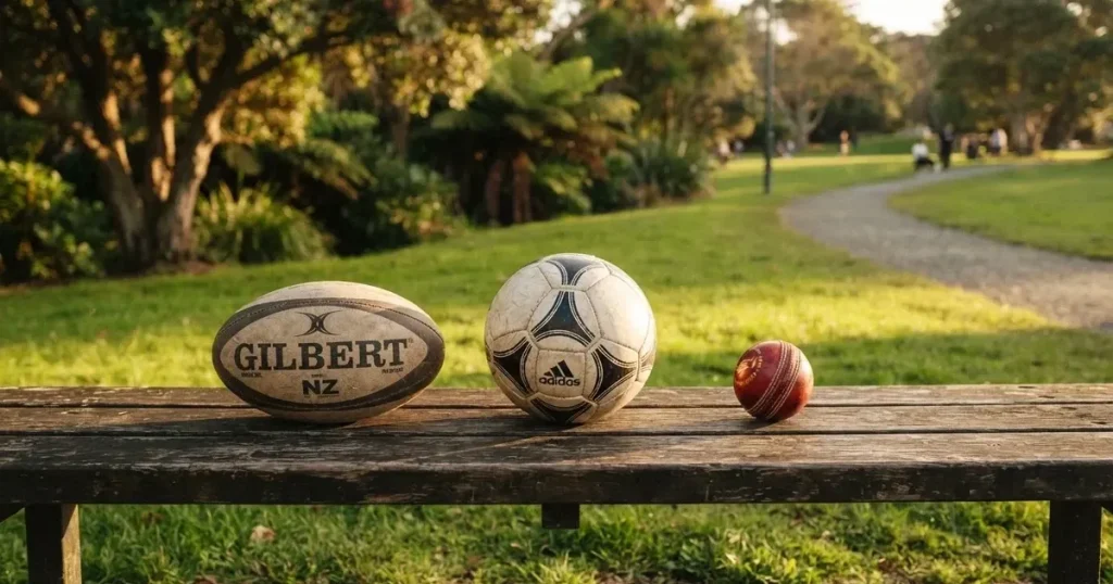 Three balls of different kinds side by side on a wooden bench