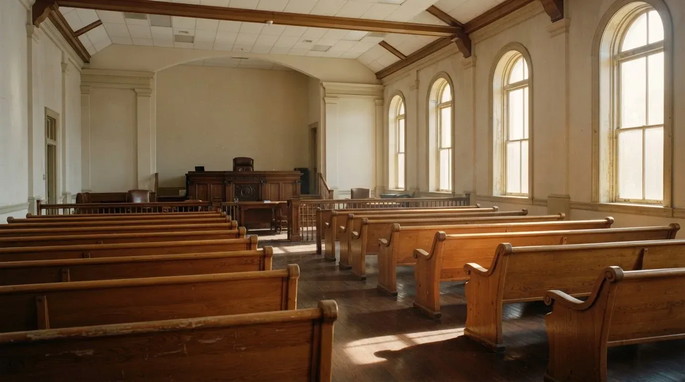 An empty courtroom with wooden benches in morning light