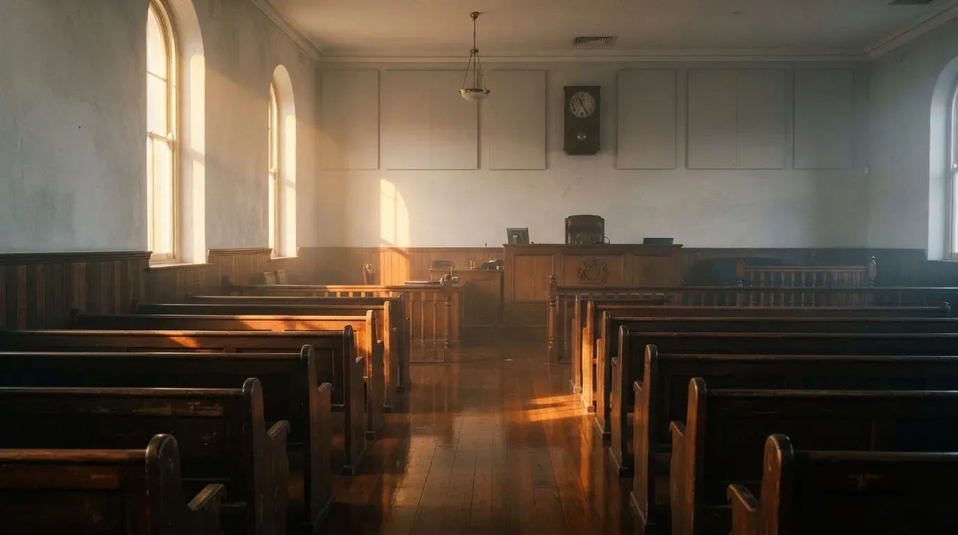 An empty courtroom with wooden benches in morning light