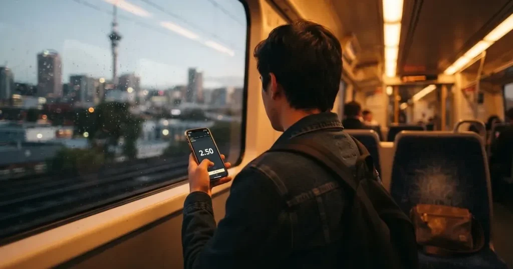 A hand holding a smartphone on a train in the evening, screen turned away
