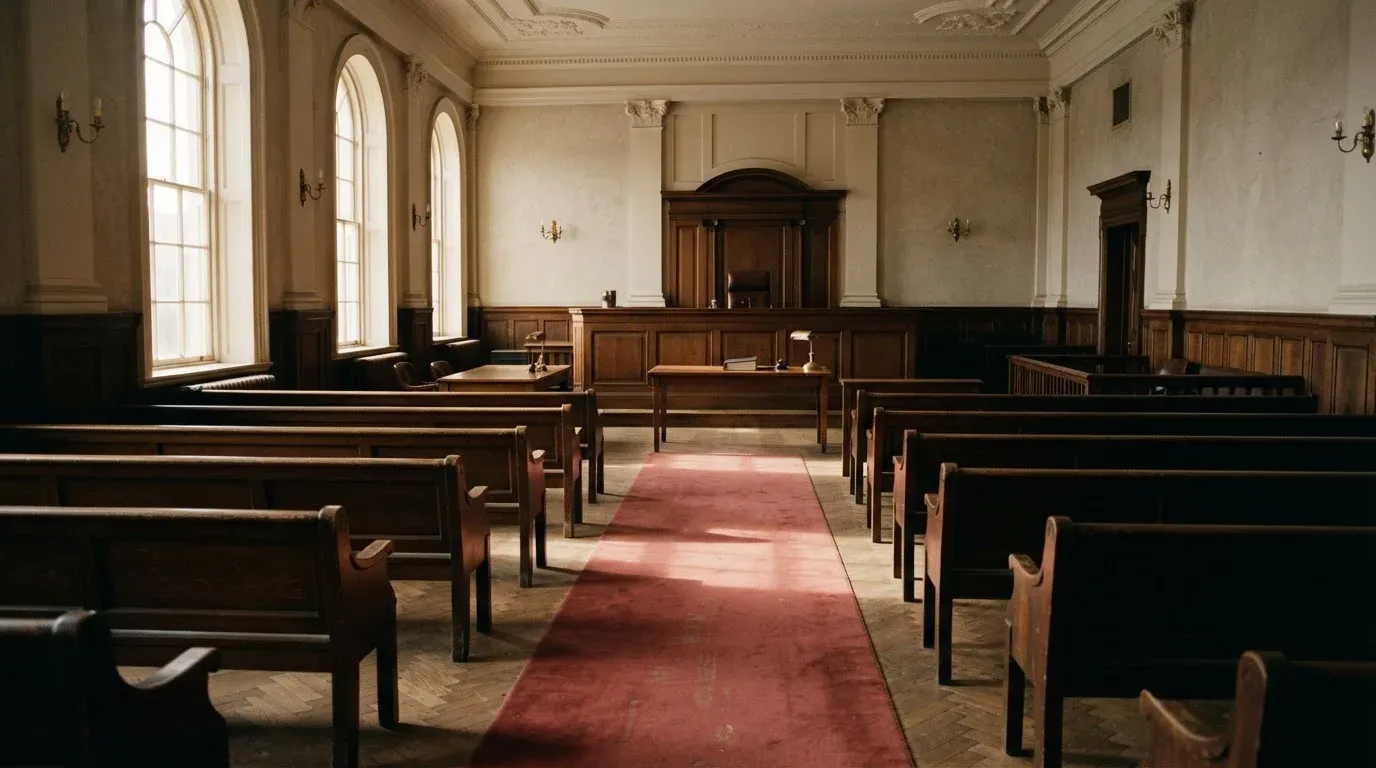 An empty courtroom with wooden benches in morning light