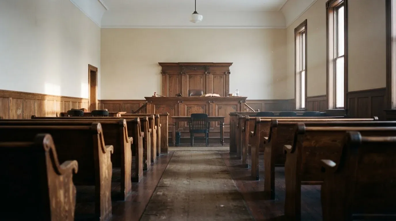 An empty courtroom with wooden benches in morning light