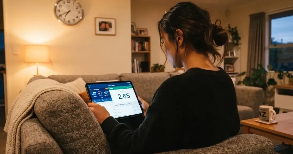 A person on a sofa looking thoughtfully at a tablet, a wall clock in the background