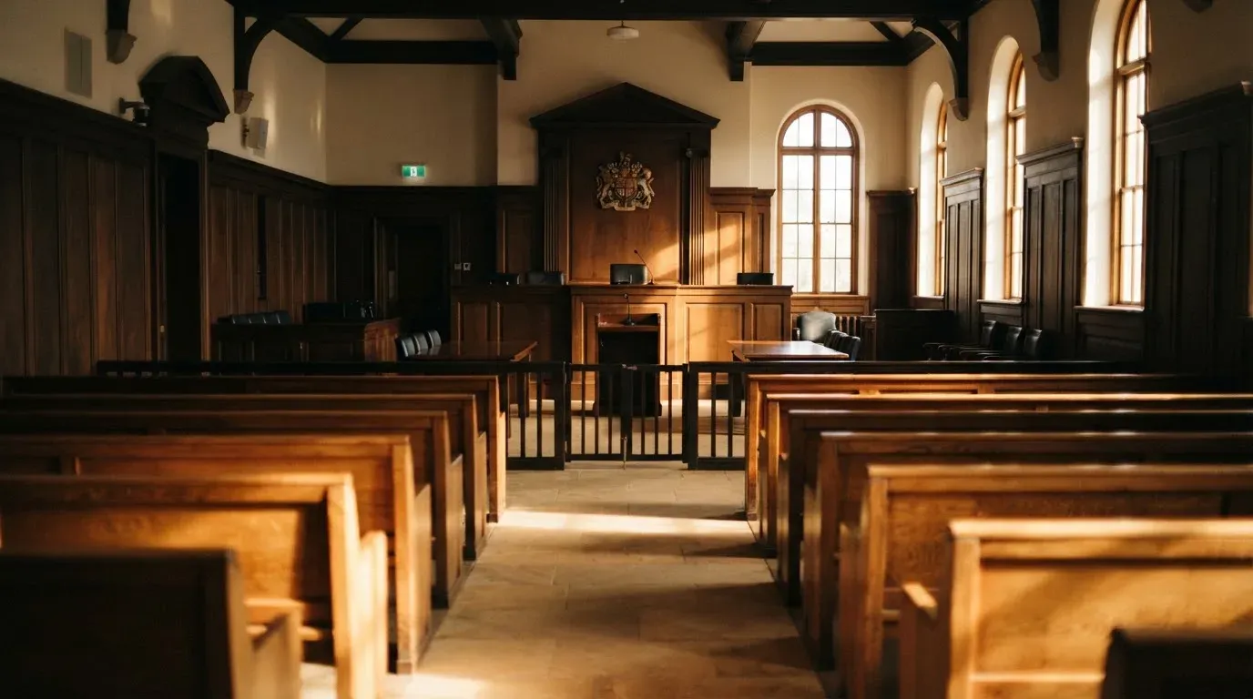 An empty courtroom with wooden benches in morning light