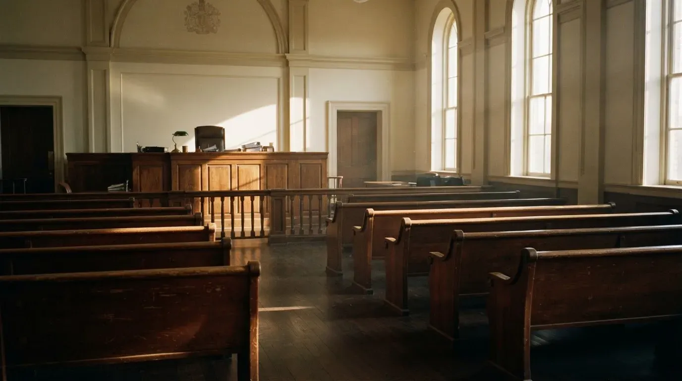 An empty courtroom with wooden benches in morning light