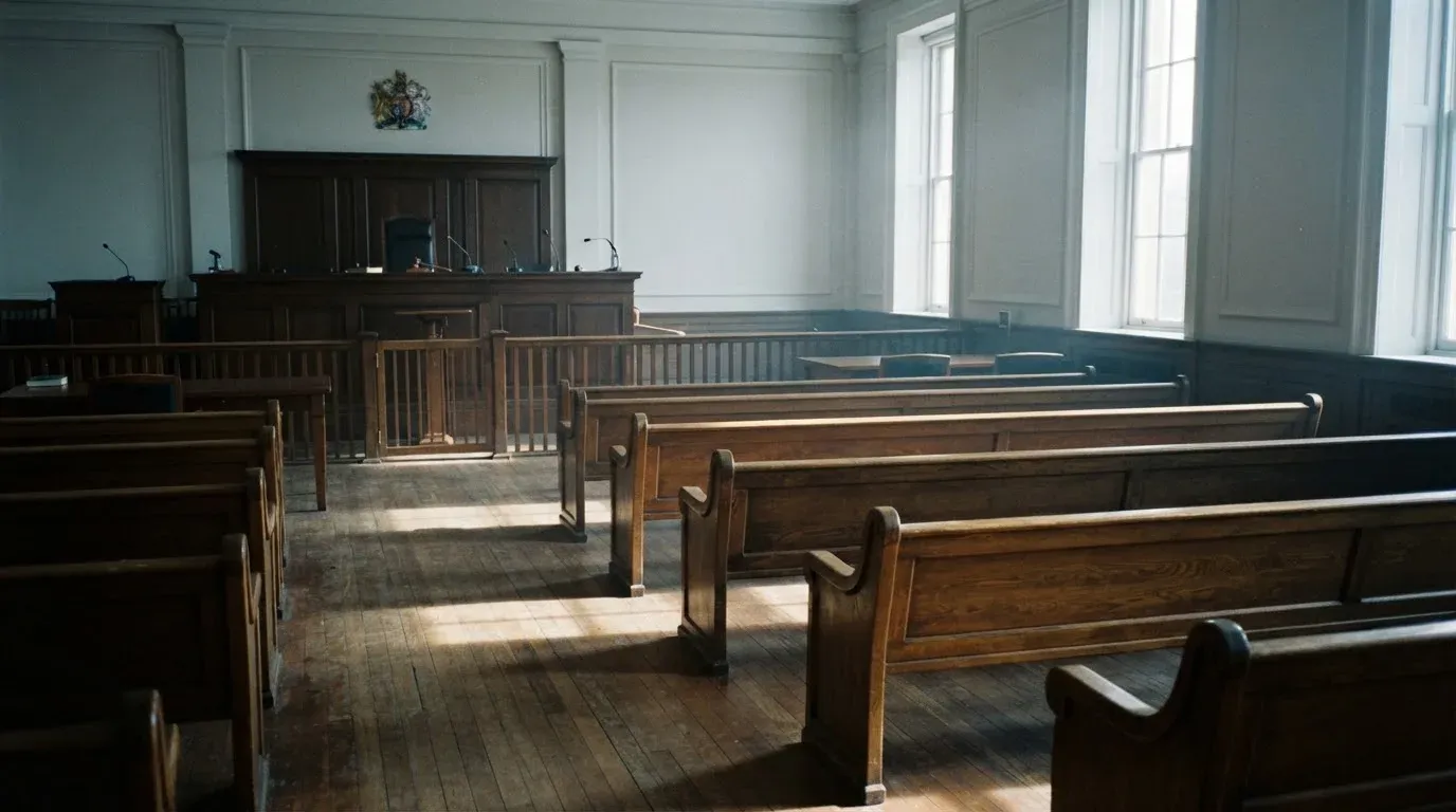 An empty courtroom with wooden benches in morning light