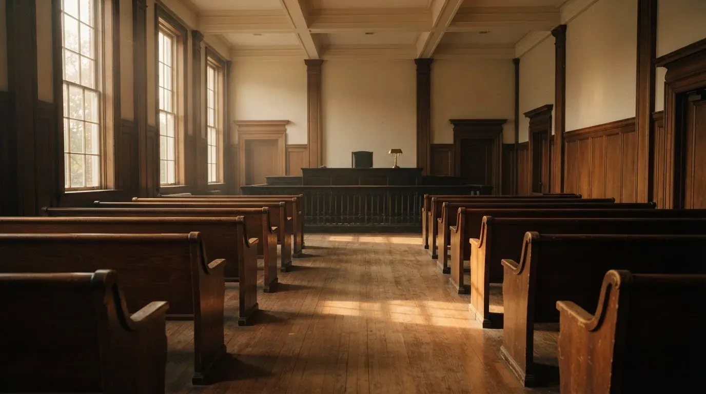 An empty courtroom with wooden benches in morning light