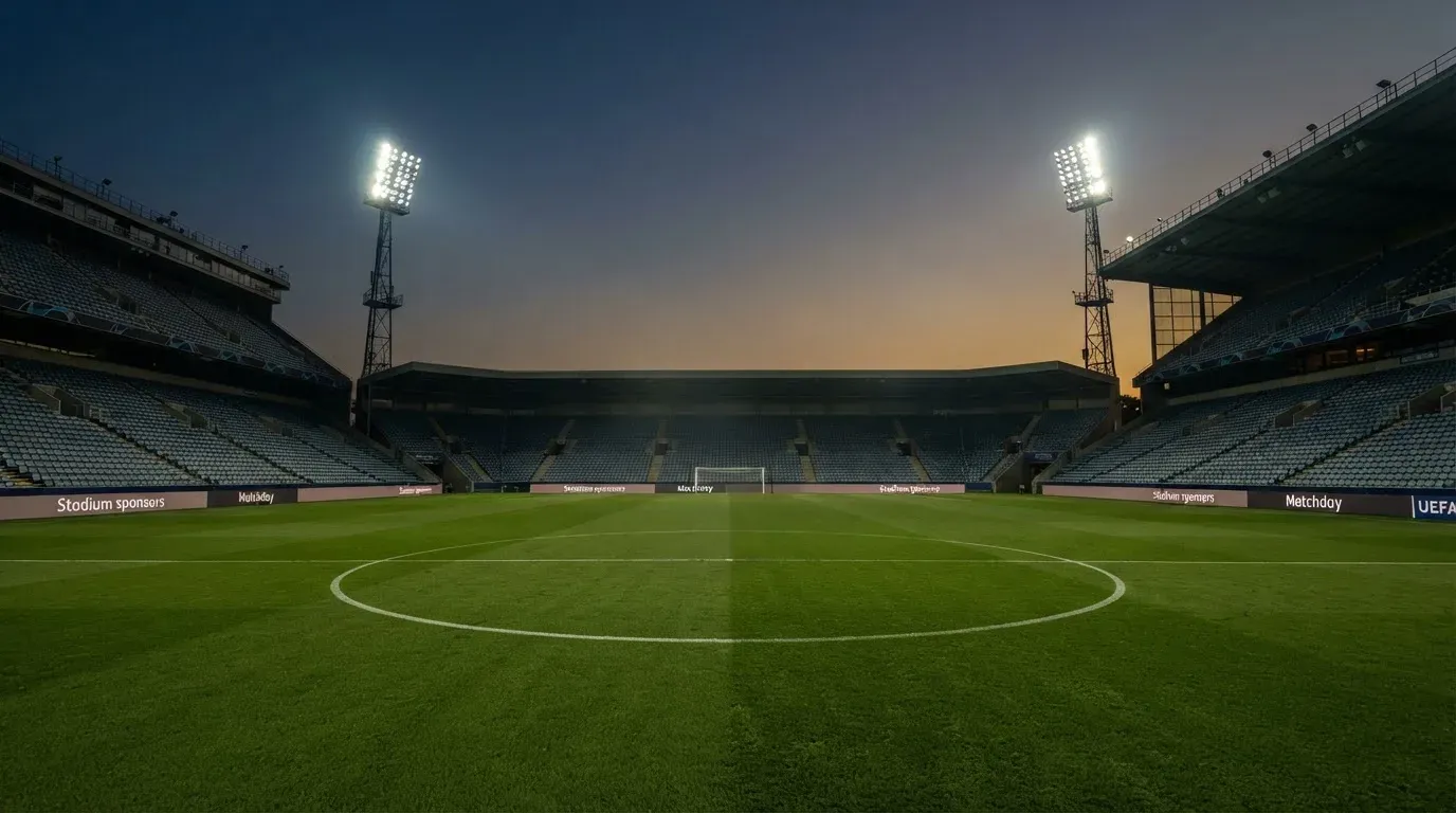 An empty football stadium with floodlight masts at dusk