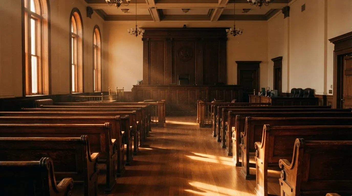 An empty courtroom with wooden benches in morning light