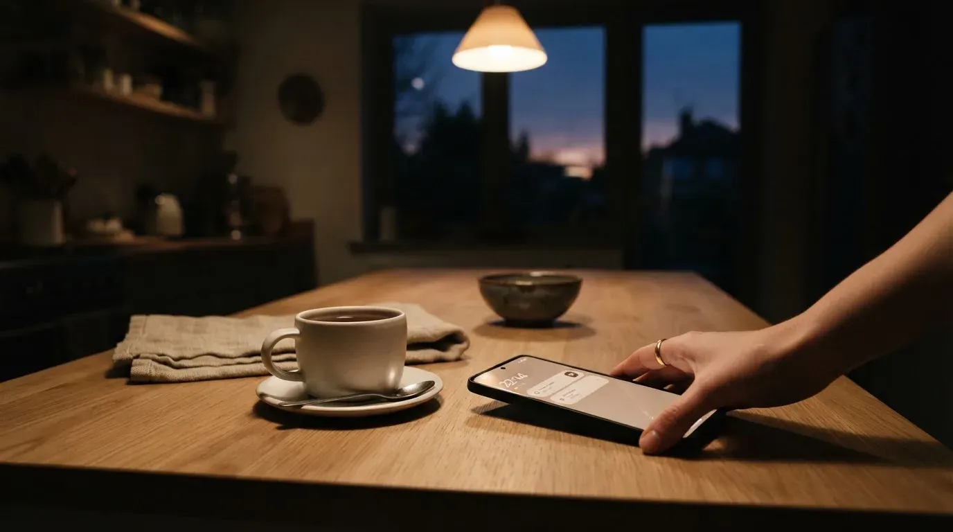 A hand setting a smartphone down beside a cup of tea on a kitchen table on a quiet evening