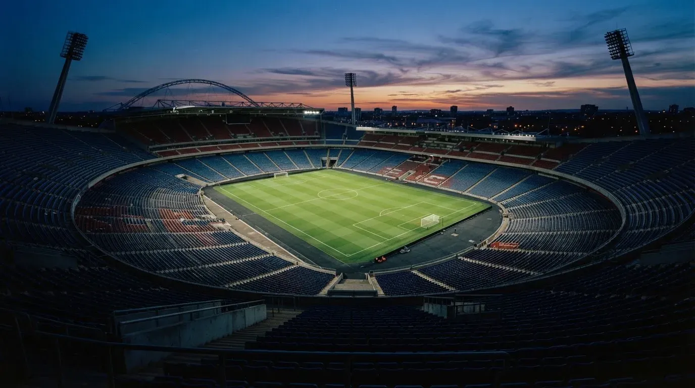 An empty football stadium with floodlight masts at dusk