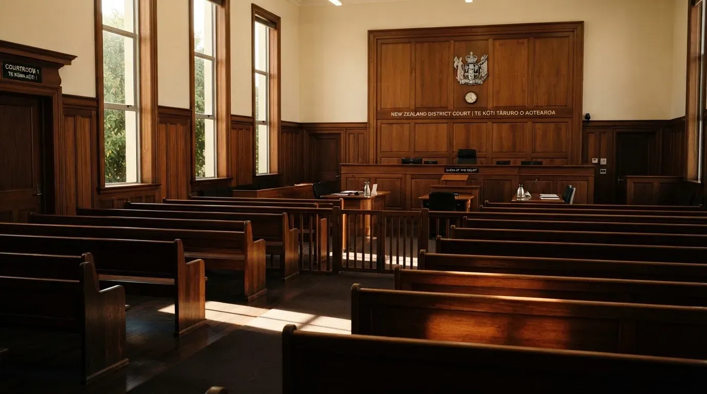 An empty courtroom with wooden benches in morning light