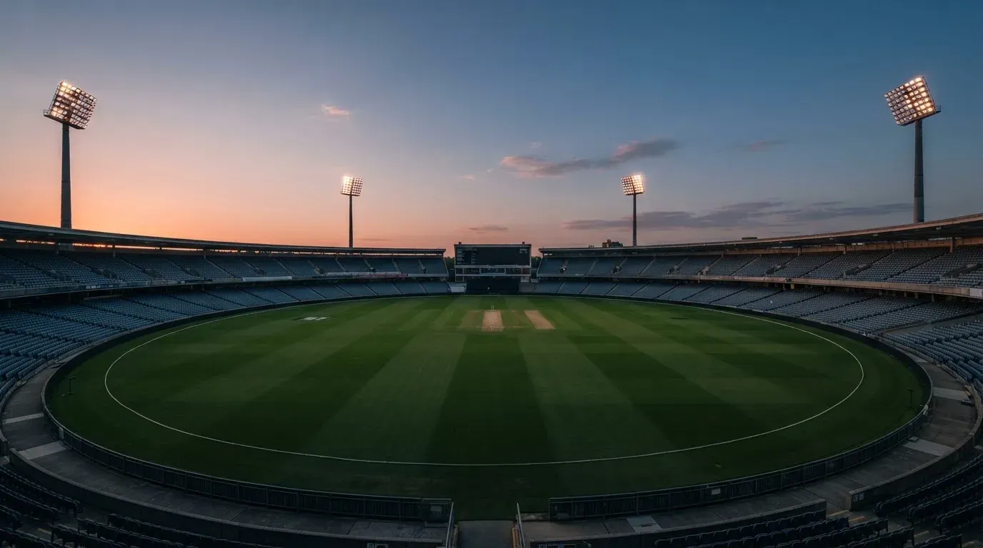 An empty football stadium with floodlight masts at dusk