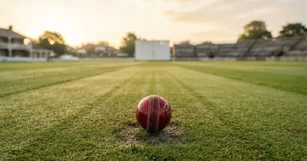 A ball on the centre spot of a grass pitch in morning light