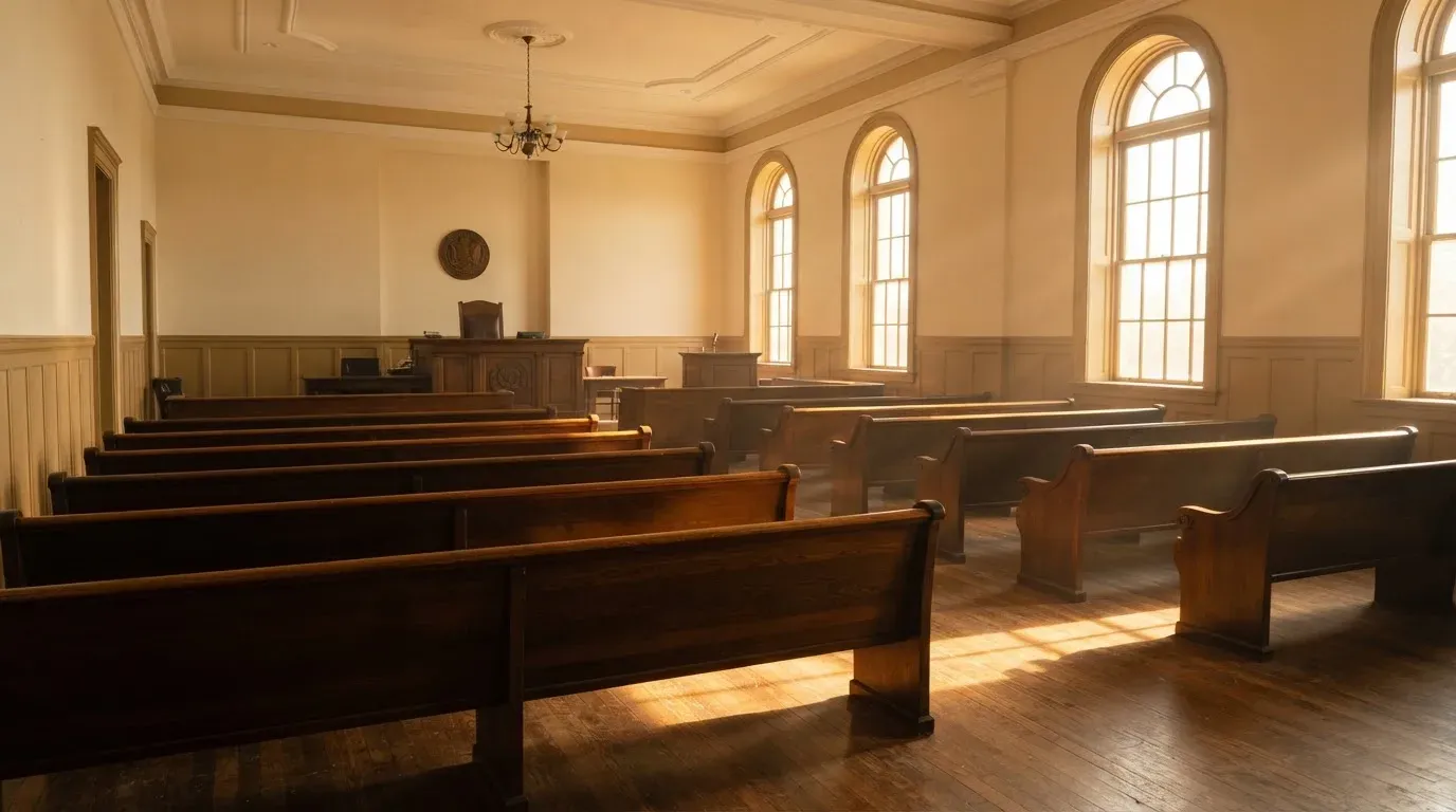 An empty courtroom with wooden benches in morning light