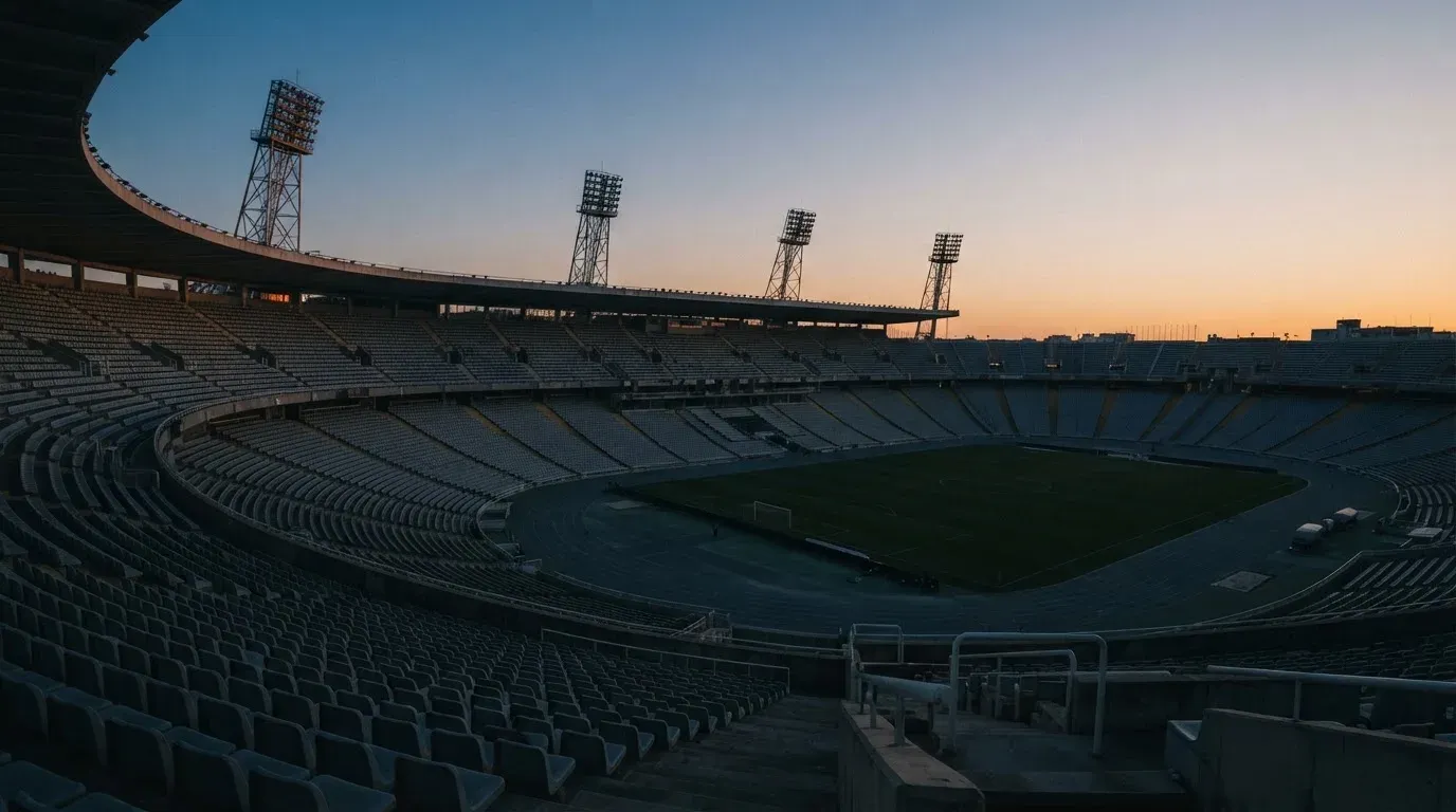 An empty football stadium with floodlight masts at dusk