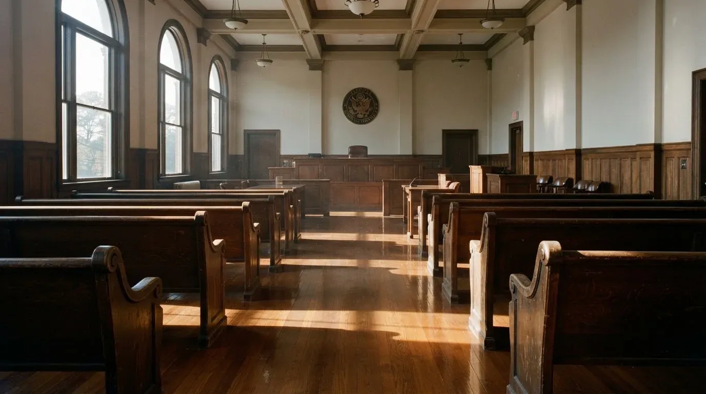 An empty courtroom with wooden benches in morning light