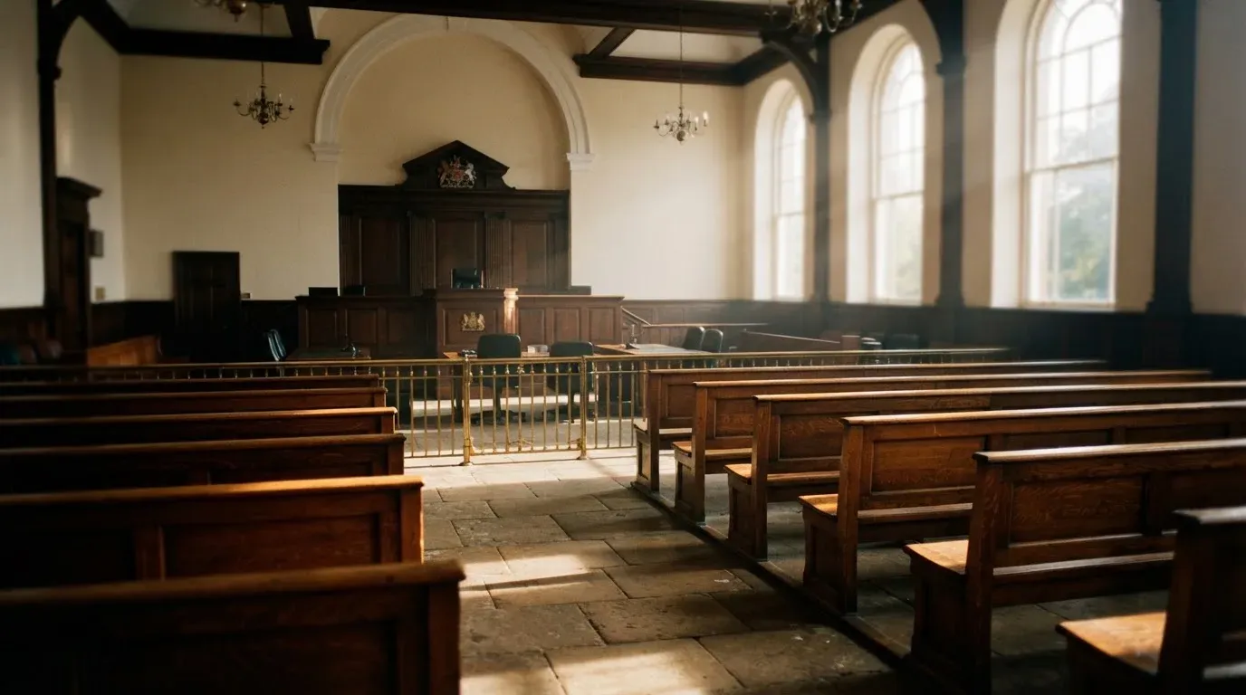 An empty courtroom with wooden benches in morning light