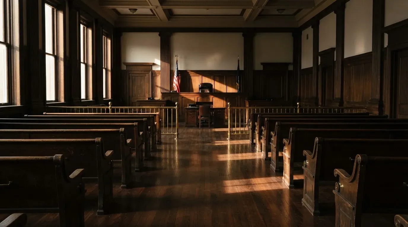 An empty courtroom with wooden benches in morning light