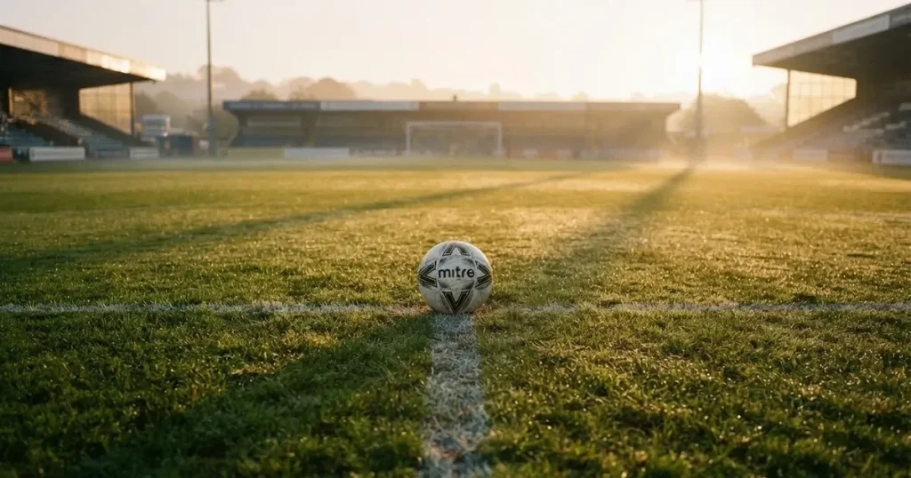 A ball on the centre spot of a grass pitch in morning light
