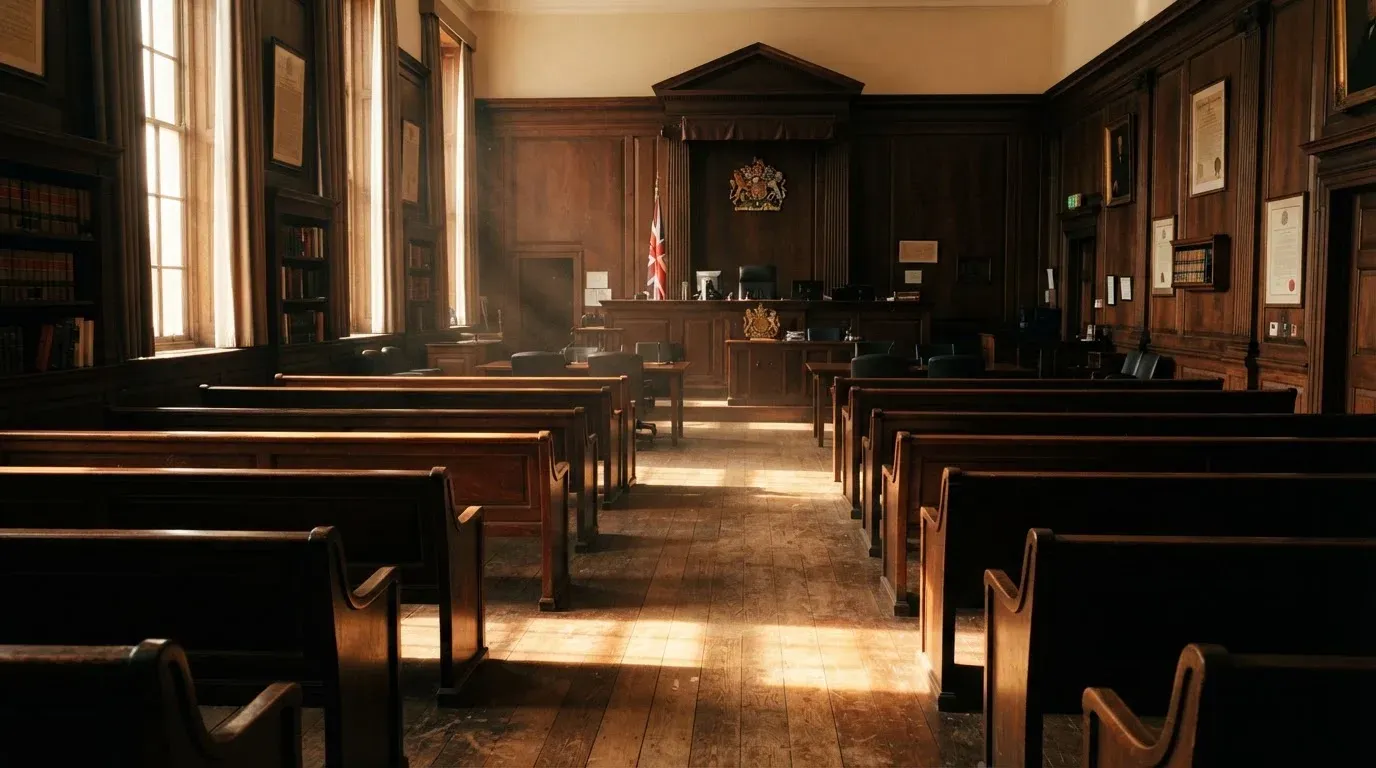 An empty courtroom with wooden benches in morning light