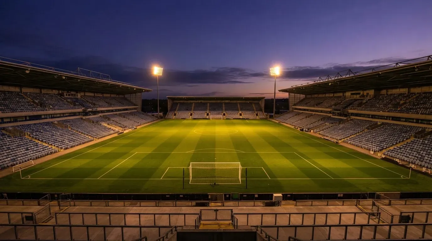 An empty football stadium with floodlight masts at dusk