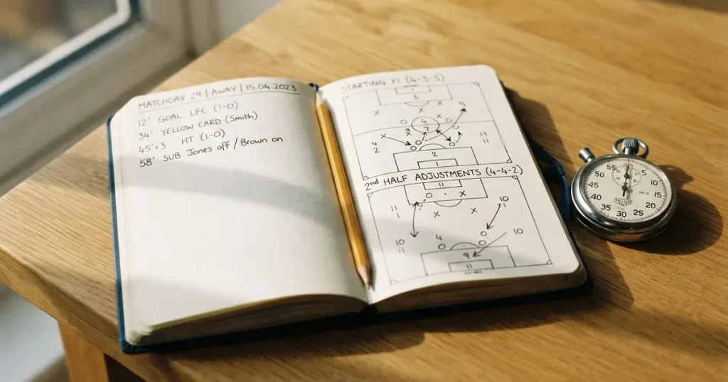 An open notebook with a pencil and a stopwatch on a wooden table