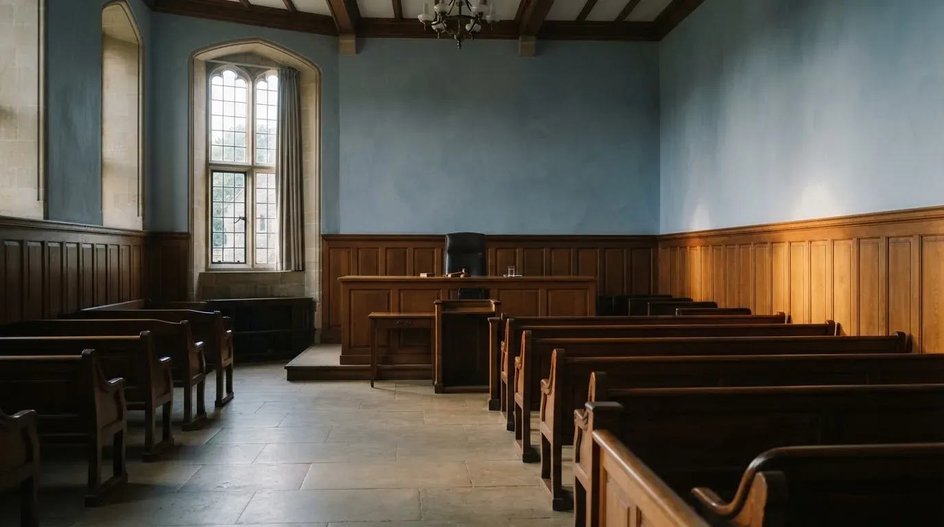 An empty courtroom with wooden benches in morning light