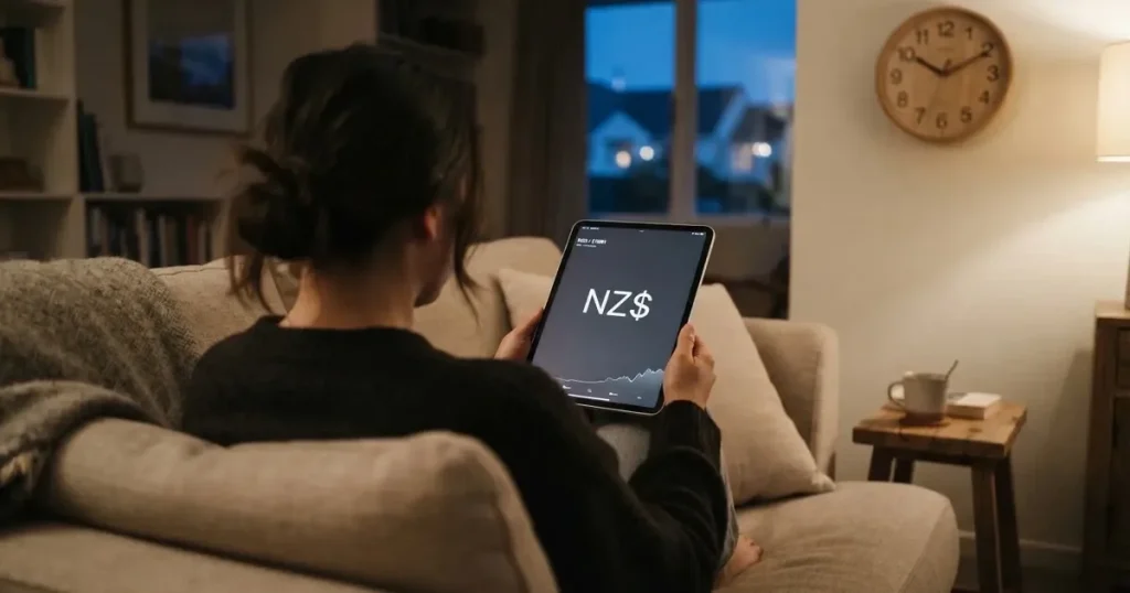 A person on a sofa looking thoughtfully at a tablet, a wall clock in the background