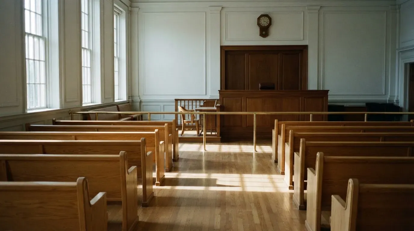 An empty courtroom with wooden benches in morning light