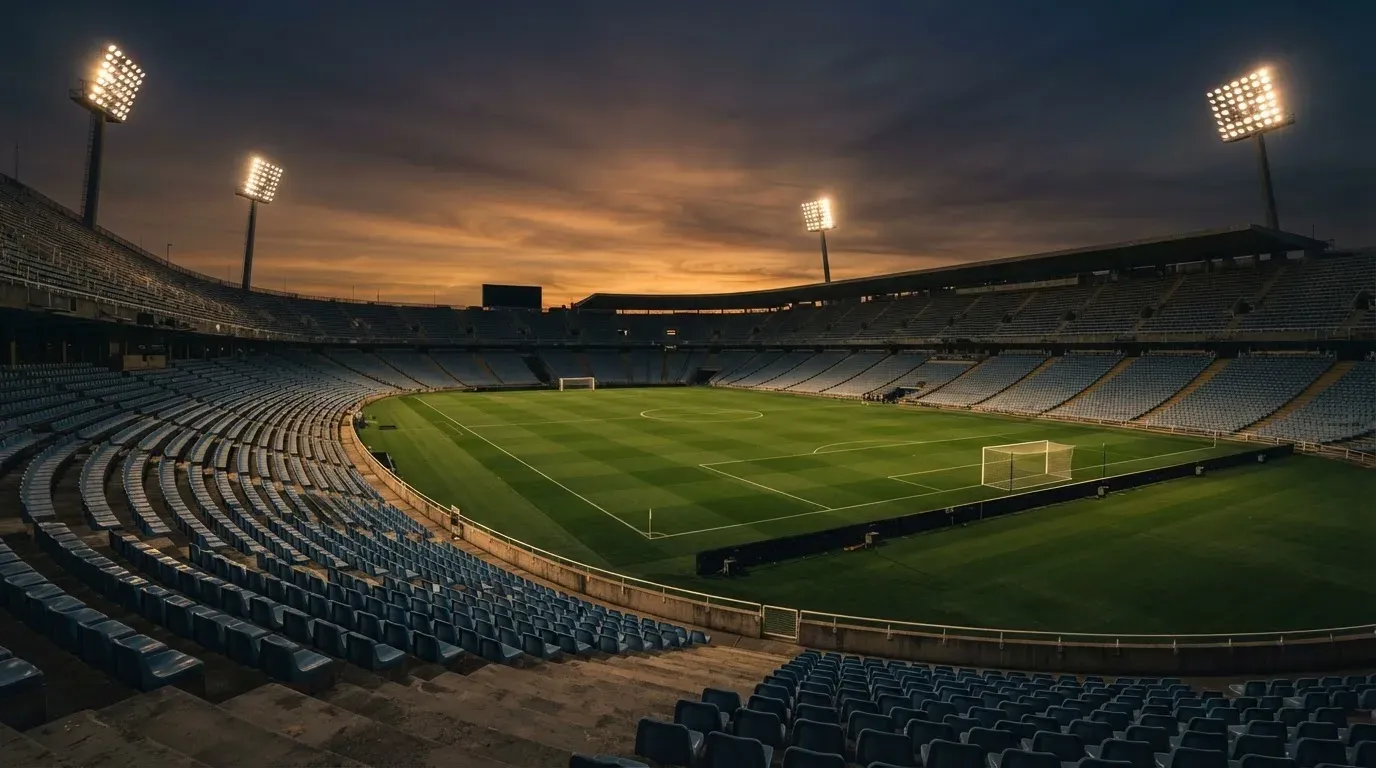An empty football stadium with floodlight masts at dusk