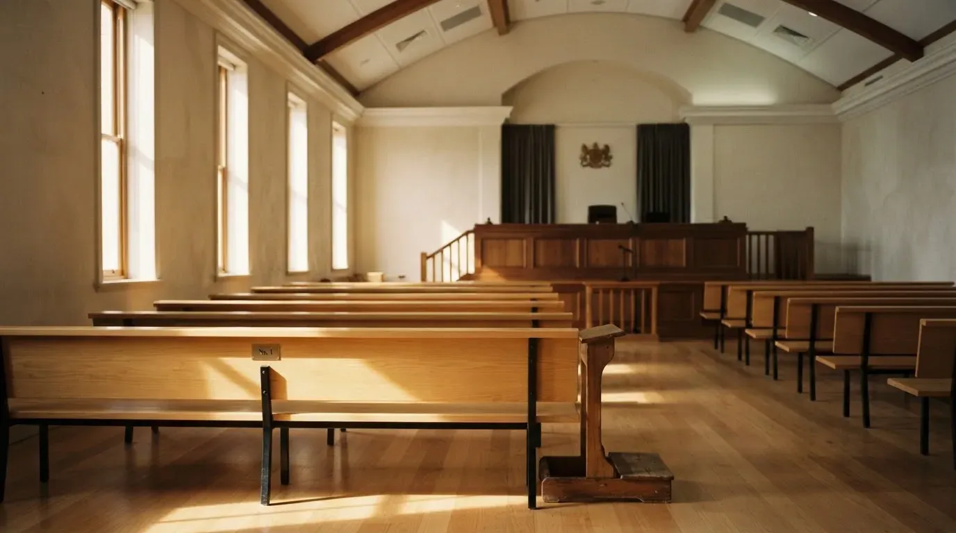 An empty courtroom with wooden benches in morning light