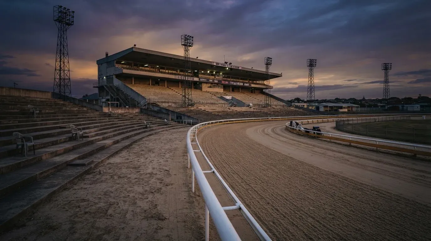 An empty football stadium with floodlight masts at dusk