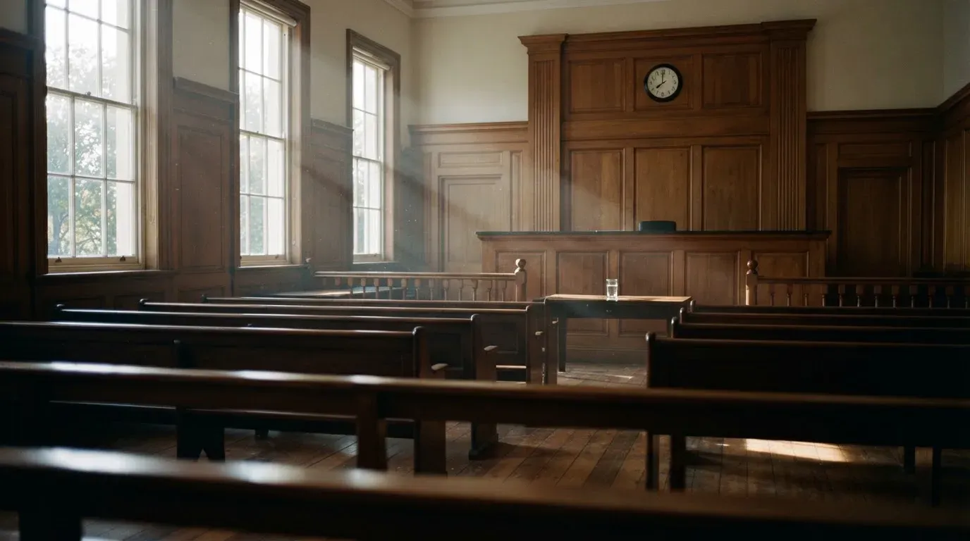 An empty courtroom with wooden benches in morning light