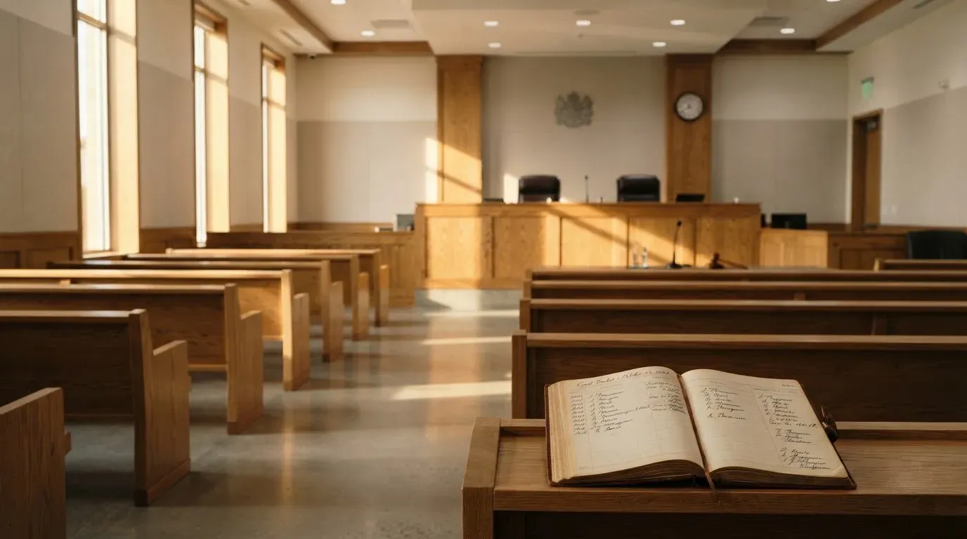 An empty courtroom with wooden benches in morning light