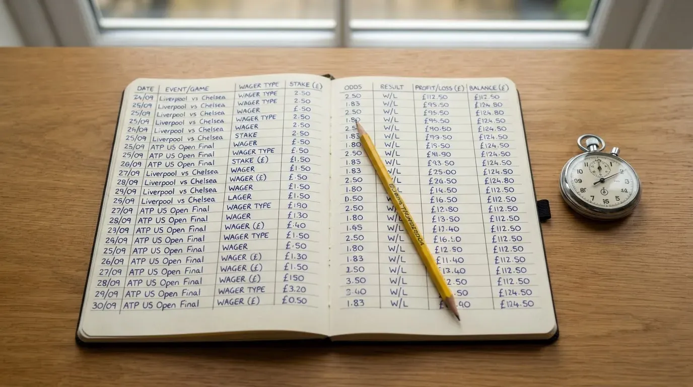 An open notebook with a pencil and a stopwatch on a wooden table
