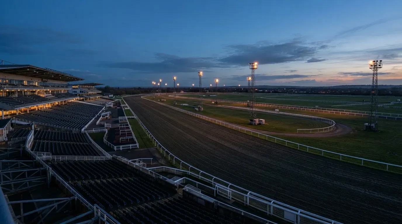An empty football stadium with floodlight masts at dusk