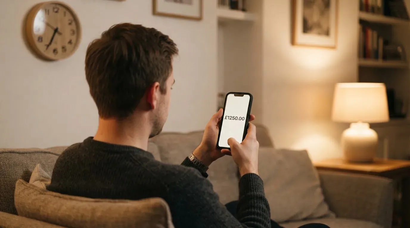 A person on a sofa looking thoughtfully at a tablet, a wall clock in the background