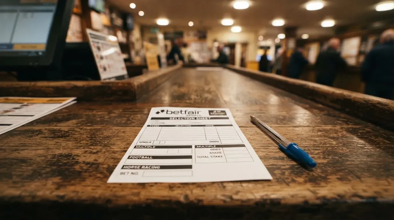 A blank paper betting slip beside a pen on a wooden counter