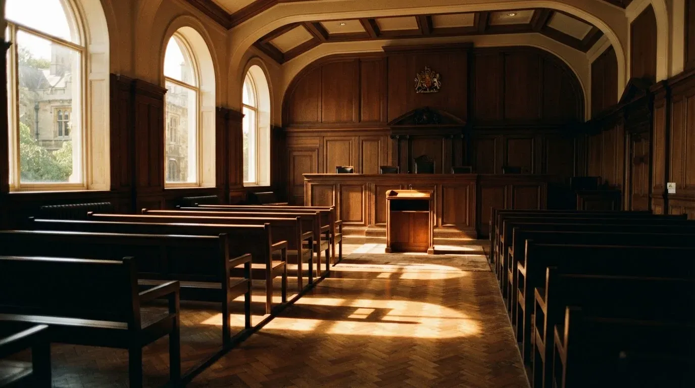 An empty courtroom with wooden benches in morning light