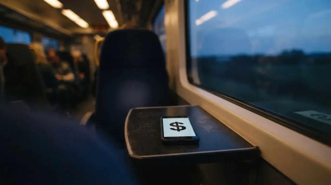 A hand holding a smartphone on a train in the evening, screen turned away